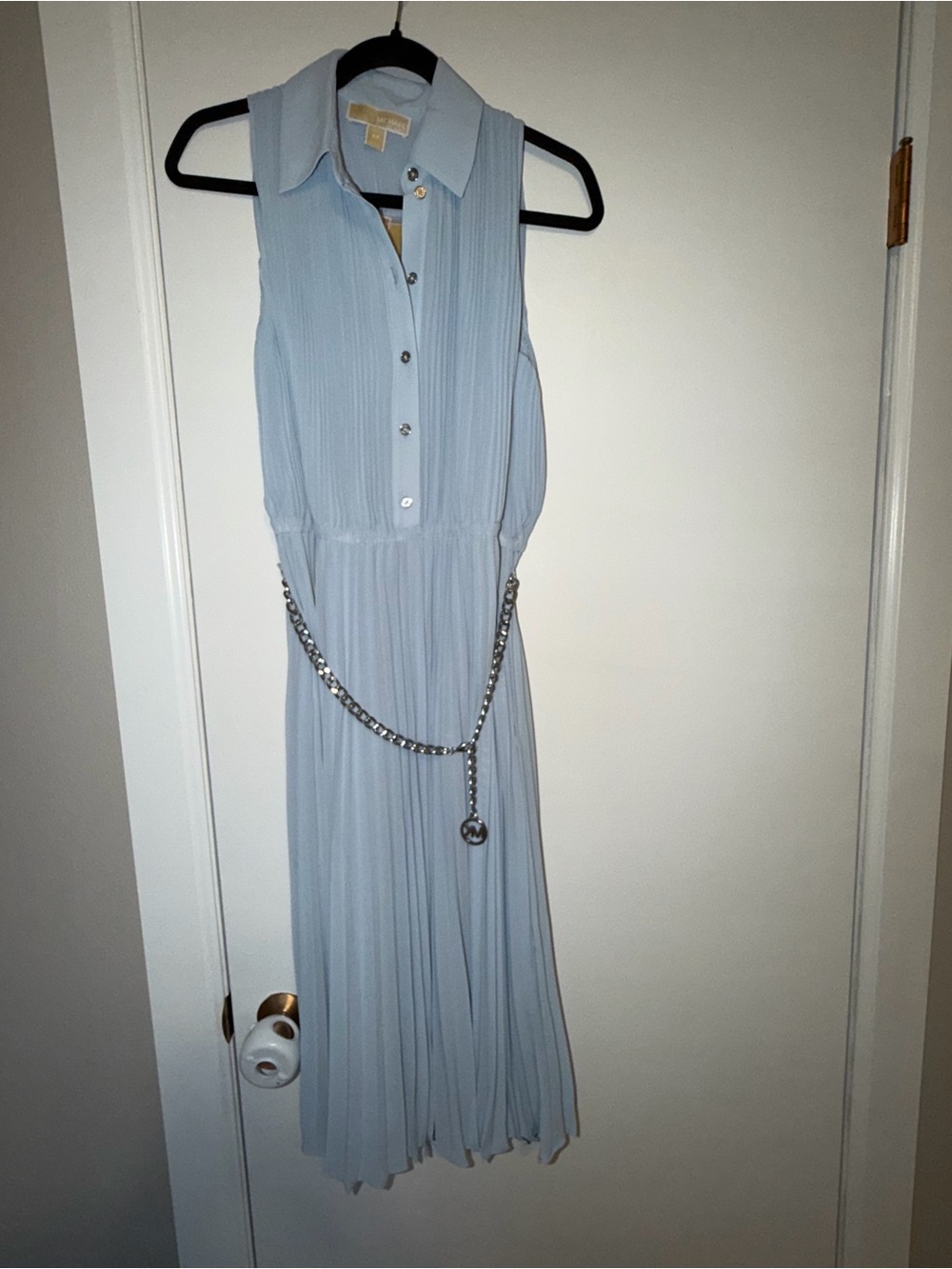 MICHAEL Michael Kors Light Blue Sleeveless Pleated Midi Dress with Chain Belt